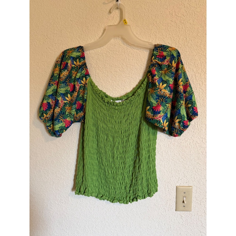 K.Jordan Womens 2X Smocked Tropical Puff Sleeve Boho Top Summer Vacation